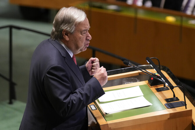 国連事務総長のアントニオ・グテーレスが、2024年9月24日火曜日に第79回国連総会で演説する。(AP通信)