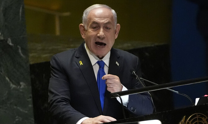 2024年9月27日、第79回国連総会で演説するイスラエルのベンヤミン・ネタニヤフ首相。(AP通信)