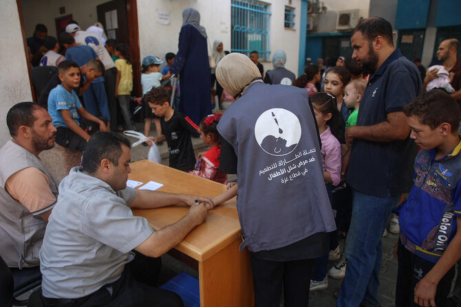 国連パレスチナ難民救済事業機関(UNRWA)の代表は以前、ガザ地区でのポリオ予防接種率は90パーセントに達したと述べた。写真は、2024年9月10日、ガザ地区のアル・ダラジ地区診療所で、医療従事者が子供たちにポリオワクチンを投与している様子。(AFP)