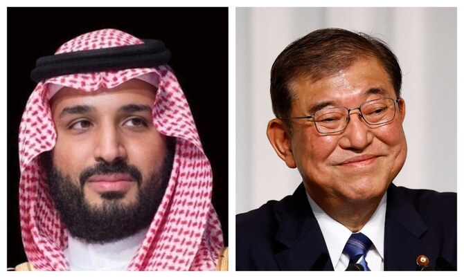 サウジアラビアのムハンマド・ビン・サルマン皇太子と日本の石破茂首相。(ファイル/SPA/AFP)