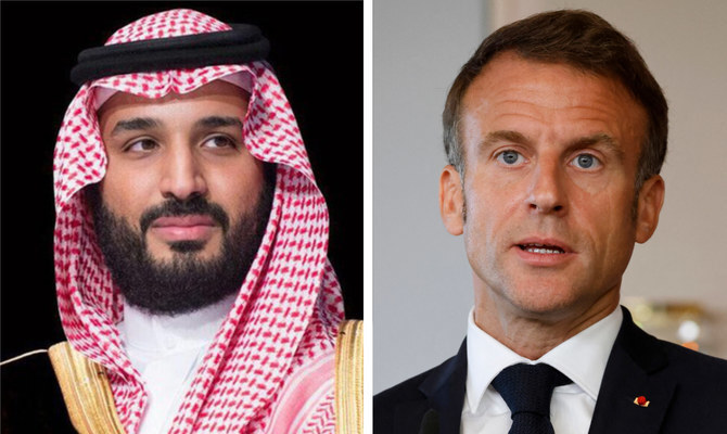 サウジアラビア国営通信によると、皇太子は金曜日、フランスのエマニュエル・マクロン大統領と電話会談を行った。(SPA/AFP/File Photo)