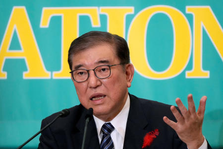 日本の石破茂首相は、2024年10月12日、東京の日本記者クラブで他の政党指導者たちとの討論会に出席した。（ロイター）