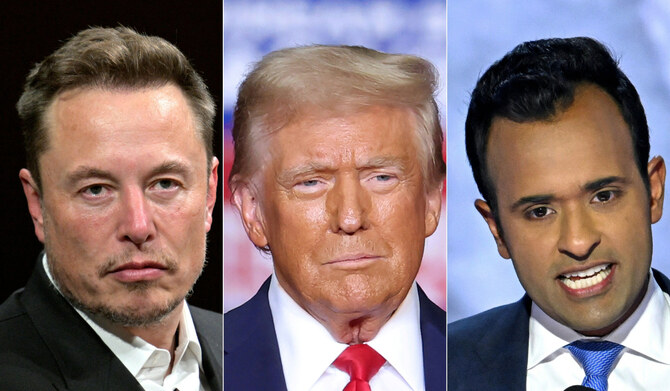 スペースX、ツイッター、電気自動車メーカーのテスラのイーロン・マスクCEO（左）、元米大統領で共和党大統領候補のドナルド・トランプ氏（C）、米起業家で元共和党大統領候補のビベック・ラマスワミ氏（右）。(AFPファイル写真)