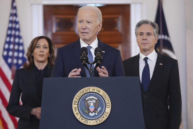 ジョー・バイデン大統領、カマラ・ハリス副大統領、アントニー・ブリンケン国務長官とともに、ガザでの停戦合意発表についてホワイトハウスでスピーチする。(AP)