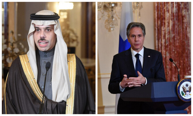 月曜日に会談したサウジアラビアのファイサル・ビン・ファルハーン王子外相と米国のアントニー・ブリンケン国務長官。（ファイル/AFP）