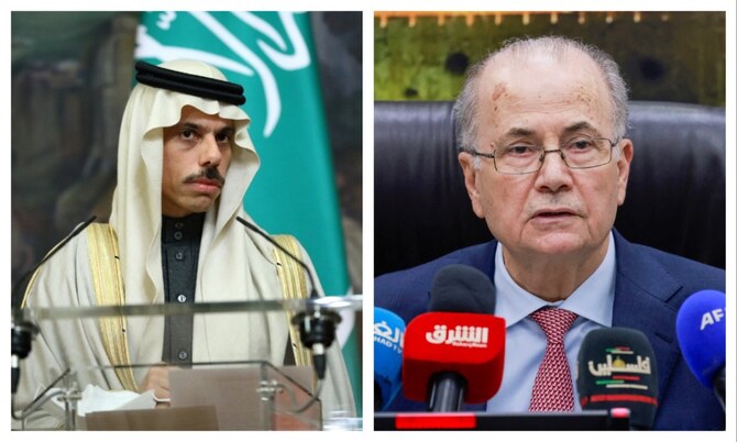サウジアラビアのファイサル・ビン・ファルハーン王子外相とパレスチナのモハメド・ムスタファ首相。(ファイル/SPA/AFP)