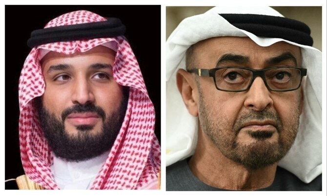 サウジアラビアのムハンマド・ビン・サルマン皇太子とアラブ首長国連邦（UAE）のシェイク・ムハンマド・ビン・ザーイド・アール・ナヒヤーン大統領。（ファイル/SPA/AFP）
