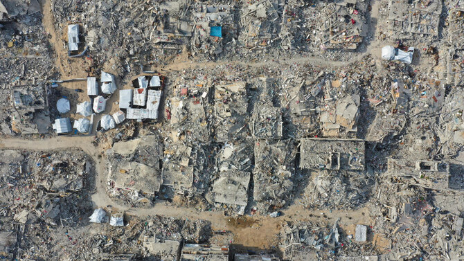 2025年3月5日、ガザ地区北部のベイトハヌーンにて、イスラエルとハマスの停戦中、イスラエル軍の攻撃で破壊された家屋をドローンで撮影した。REUTERS/Mahmoud Al-Basos TPX IMAGES OF THE DAY
