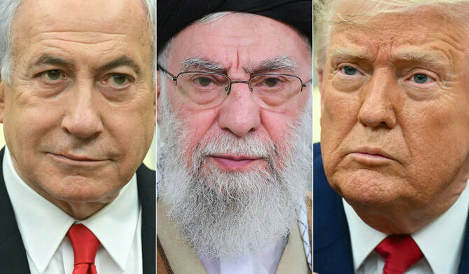 イスラエルのベンヤミン・ネタニヤフ首相(左)、イランの最高指導者ハメネイ師(C)、ドナルド・トランプ米大統領(右)。(AFPファイル写真)