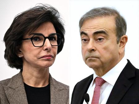 2025年7月22日に作成された、フランスのラシダ・ダティ文化大臣(左)と日産元会長のカルロス・ゴーン氏の合成写真。(AFP)